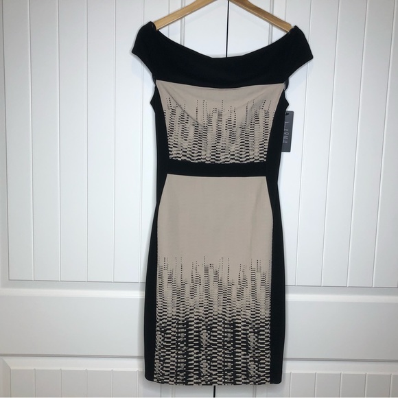 NWT JOSEPH RIBKOFF OFF-THE-SHOULDER BLACK AND TAN DRESS WOMENS 10 - Picture 6 of 11